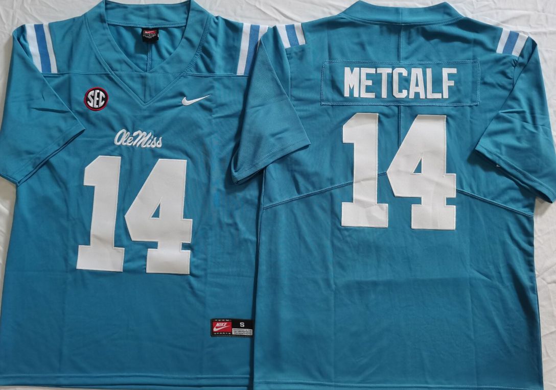 Men Ole Miss Rebels #14 Metcalf Light Blue Nike 2025 NCAA Jersey